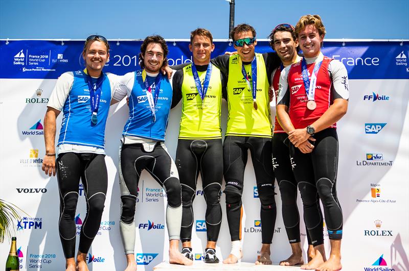 49er medalists - Medal Racing - Sailing World Cup Hyeres, April 28, 2018 photo copyright Tomas Moya / Sailing Energy taken at  and featuring the 49er class