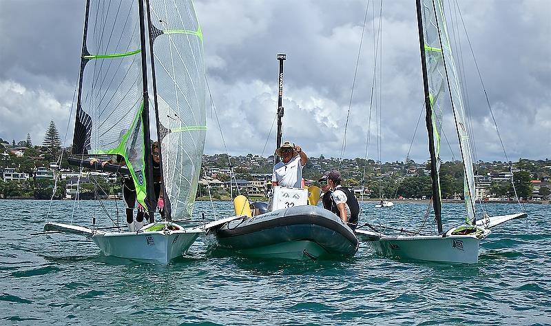 The NZL 49er team tracks the trends in the breeze while waiting for the breeze to settle in on Day 3 of the 2018 Oceanbridge Sail Auckland Regatta - photo © Richard Gladwell