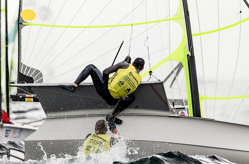 Yellow leader jersey wearers Logan Dunning Beck / Oscar Gunn (NZL) are not immune from a spill - 49er - Day 4 - Hempel Sailing World Championships, Aarhus - August 2018 photo copyright Sailing Energy / World Sailing taken at  and featuring the 49er class