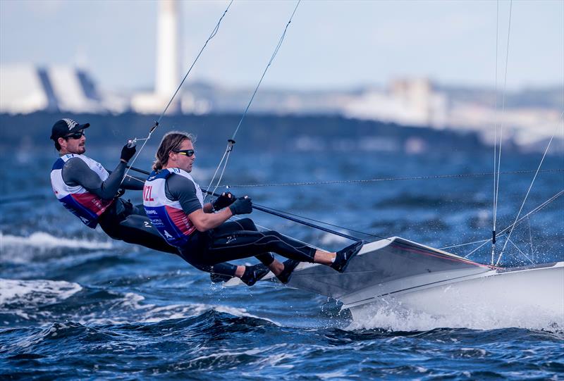 Logan Dunning-Beck ab Oscar Gunn (NZL) - 49er - Day 10 - Hempel Sailing World Championships, Aarhus, Denmark, August 2018  - photo © Sailing Energy / World Sailing