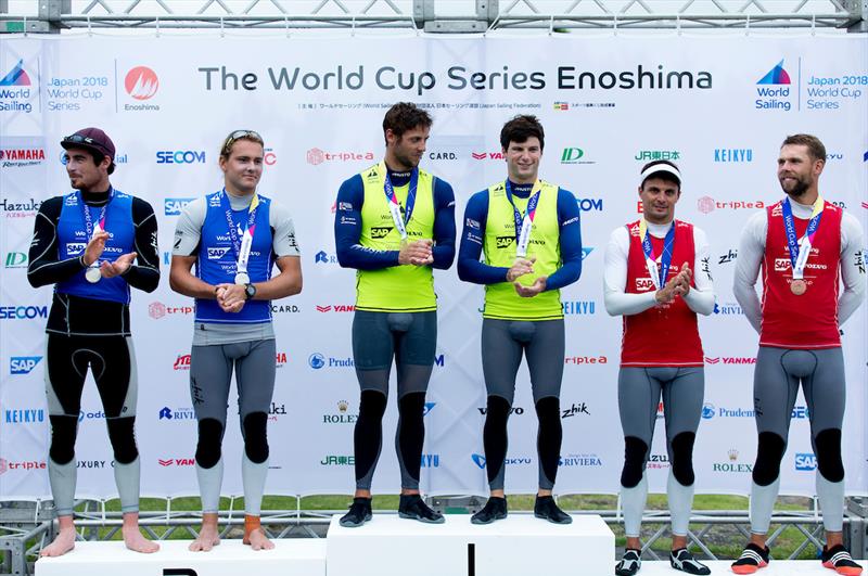 49er podium at the Sailing World Cup, Enoshima photo copyright Jesus Renedo / Sailing Energy / World Sailing taken at  and featuring the 49er class