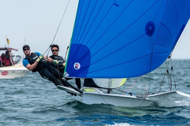 49er fleet - Jim Colley and Shaun Connor (NSW) - 2018 Sail Melbourne International, Day 2 photo copyright Beau Outteridge taken at Royal Brighton Yacht Club and featuring the 49er class