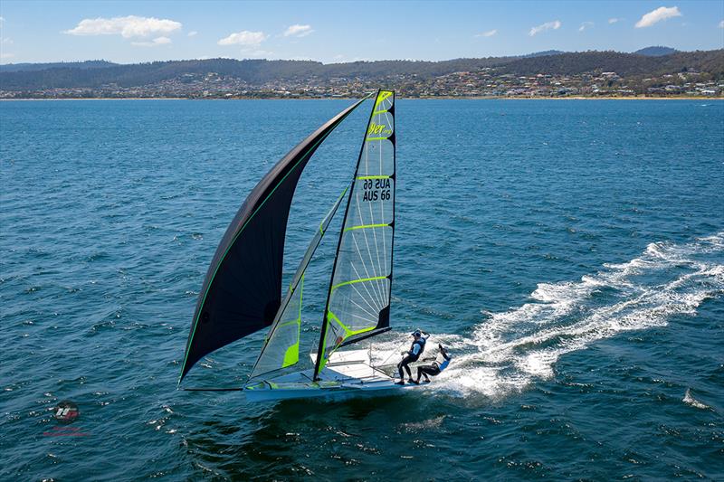 Sam Phillips and Will Phillips from Victoria were unbeaten in four races on day one of the 49er nationals on Hobart's River Derwent photo copyright Oliver Hartas taken at Royal Yacht Club of Tasmania and featuring the 49er class