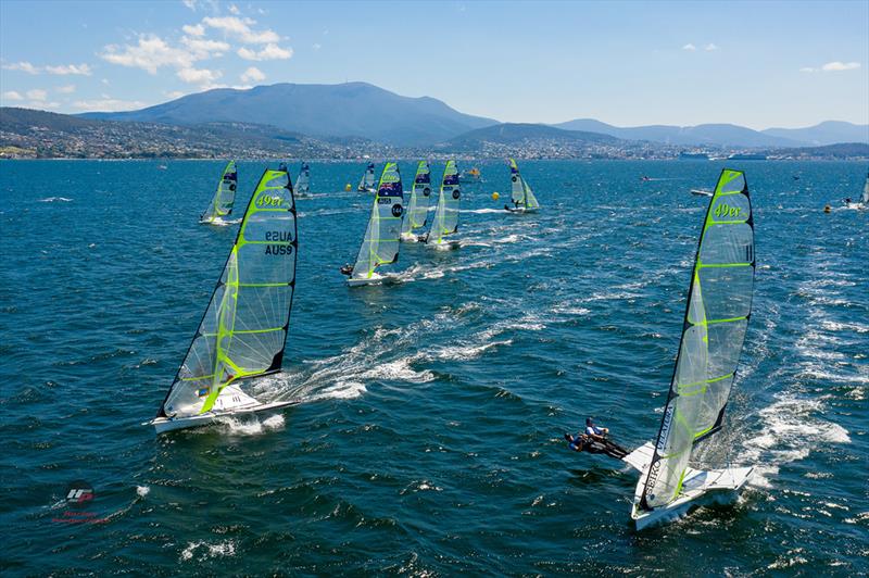 49er fleet on the Derwent River - 2019 Zhik 9er Australian Championship photo copyright Hartas Productions taken at Royal Yacht Club of Tasmania and featuring the 49er class