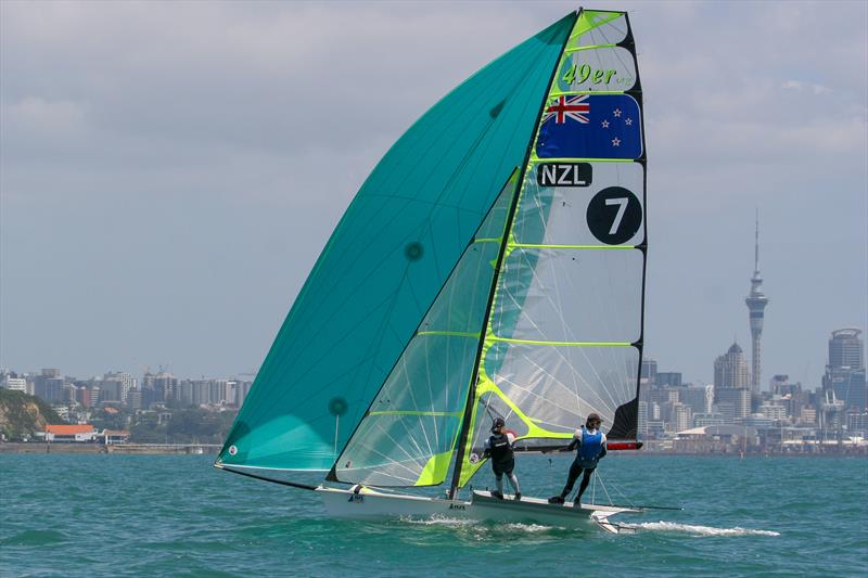 Logan Beck and Oscar Gunn - Day 1, Oceanbridge NZL Sailing Regatta, February 1, 2019 photo copyright Michael Brown, Yachting New Zealand taken at Yachting New Zealand and featuring the 49er class