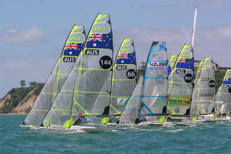 49er start - Day 1, Oceanbridge NZL Sailing Regatta, February 1, 2019 photo copyright Michael Brown, Yachting New Zealand taken at Yachting New Zealand and featuring the 49er class