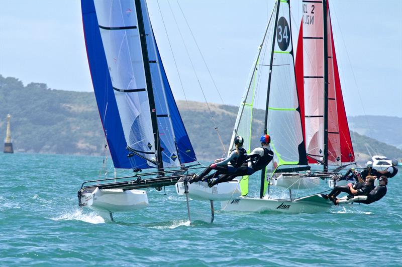 49er crosses between two Nacra 17's - Oceanbridge NZL Sailing Regatta - Day 2 - February 2 - photo © Richard Gladwell