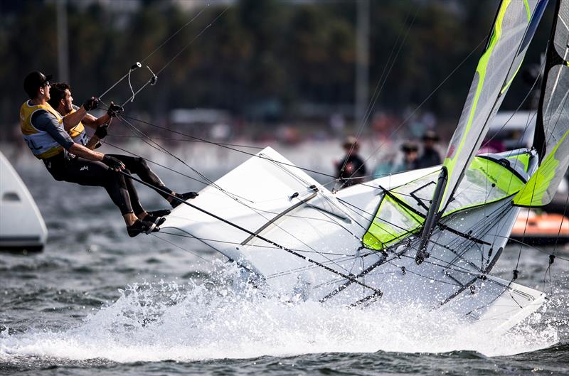 Peter Burling and Blair Tuke perform for the cameras after the Medal Race 49er class - 2018 Rio Olympics photo copyright Sailing Energy / World Sailing taken at Iate Clube do Rio de Janeiro and featuring the 49er class