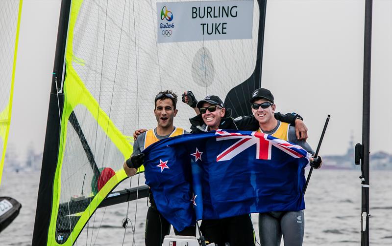 Blair Tuke, Hamish Willcox and Peter Burling after the finish of the penultimate race 49er, winning the Gold medal with a race to spare - and with the WindBot setup on the coach boat - 2018 Rio Olympics photo copyright Sailing Energy / World Sailing taken at Iate Clube do Rio de Janeiro and featuring the 49er class