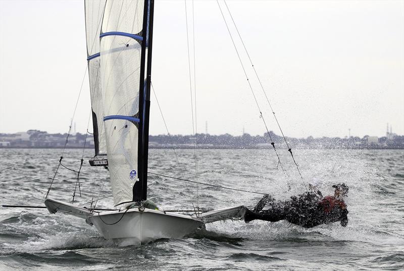 Delilah skippered by Jamiee Wall and Luca Vuat from SYC having a good wash photo copyright Alex McKinnon Photography taken at Royal Geelong Yacht Club and featuring the 49er class