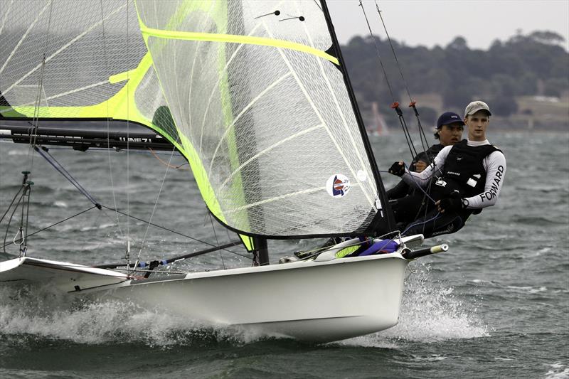 GB skippered by Hayden Brown and crewed by Mackenzie Bird on the way to the finish for the first race of the day - photo © Alex McKinnon Photography