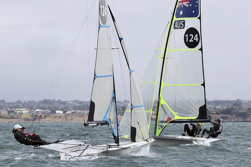 49erFX crew on Delelah (Jaimee Wall and Luca Vuat) with 49er crew Thomas Alexander and Sam Abell on, Kook Slams photo copyright Alex McKinnon Photography taken at Royal Geelong Yacht Club and featuring the 49er class