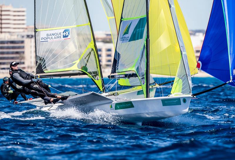 Thomas Needham and Joel Turner lifted in the 49er - Princess Sofia Trophy - photo © Sailing Energy