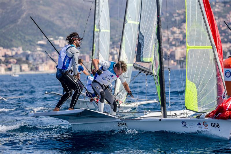 Logan Dunning Bech and Oscar Gunn - 49er - NZL- Day 4 - Hempel Sailing World Cup - Genoa - April 2019 photo copyright Jesus Renedo / Sailing Energy taken at Yacht Club Italiano and featuring the 49er class