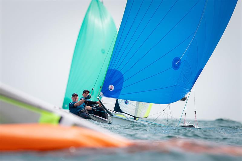Dylan Fletcher and Stuart Bithell on day 4 of the Volvo Nacra 17, 49er and 49er FX European Championship photo copyright Nick Dempsey / RYA taken at Weymouth & Portland Sailing Academy and featuring the 49er class