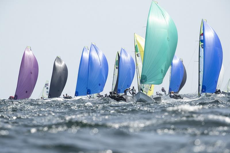 49ers on a downwind leg - 2019 49er, 49erFX and Nacra 17 European Championships photo copyright Drew Malcolm taken at Weymouth & Portland Sailing Academy and featuring the 49er class