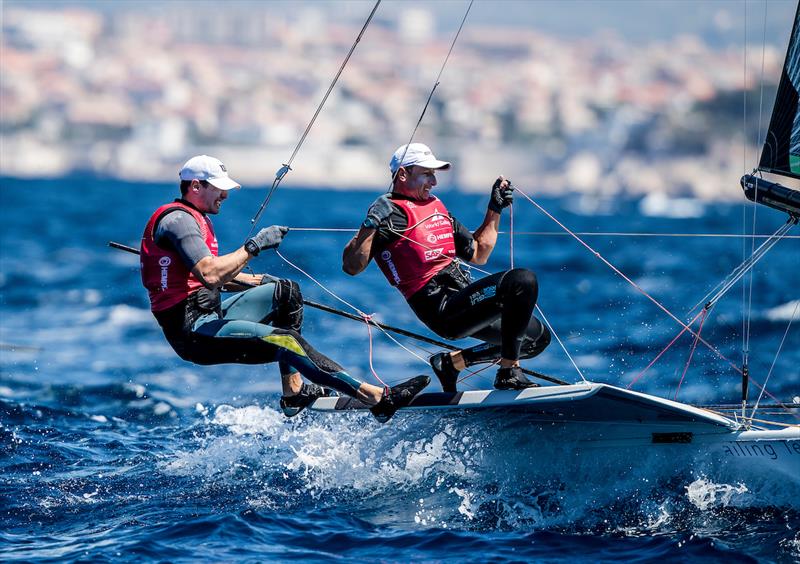 Uberto Crivelli Visconti and Gianmarco Togni (ITA) on day 3 of the Hempel World Cup Series Final in Marseille photo copyright Sailing Energy / World Sailing taken at  and featuring the 49er class