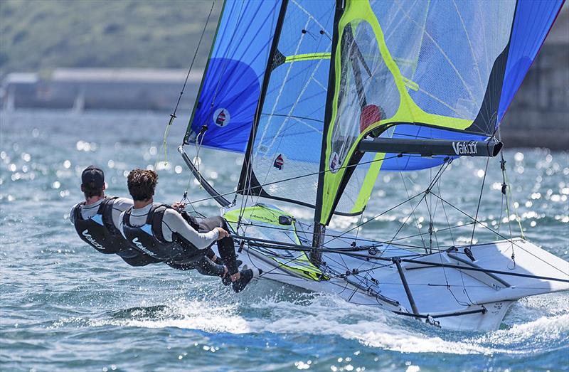 Jim Colley and Shaun Conner in the 49er putting their Vaikobi gear through its paces photo copyright Drew Malcolm taken at  and featuring the 49er class