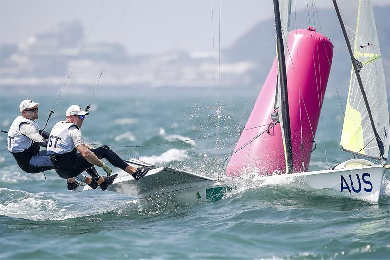 Will and Sam Phillips in the 49er Skiff. Australian Sailing Team competing at Ready Steady Tokyo (Olympic Test Event) in Enoshima, Japan. 17-22  photo copyright World Sailing / Sailing Energy taken at  and featuring the 49er class