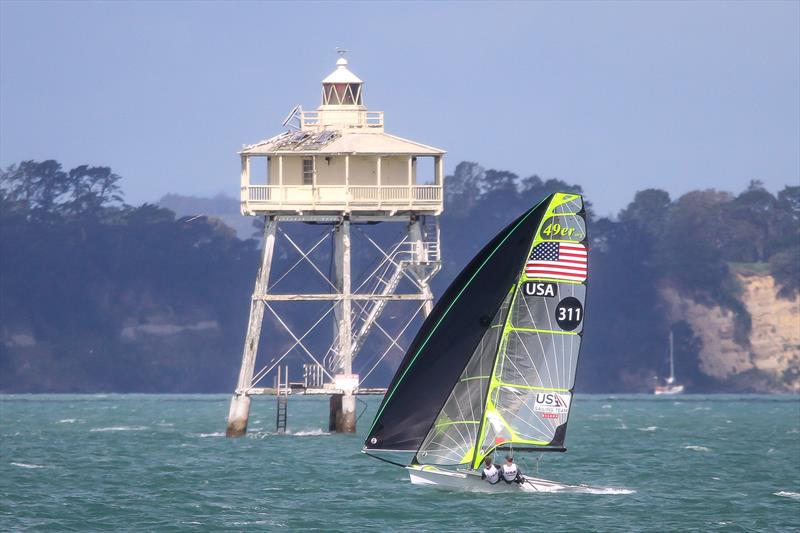 USA 49er training on the Waitemata Harbour ahead of the 2019 World Championships sails past Bean Rock, the iconic marker at the entrance to the inner Waitemata Harbour. The 49er, 49erFX and Nacra 17 World Championships get underway in four weeks. - photo © Richard Gladwell