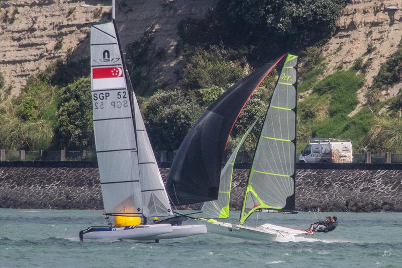 Singapore Nacra 17 and 49er training on the Waitemata Harbour ahead of the 2019 World Championships. The 49er, 49erFX and Nacra 17 World Championships get underway in four weeks. - photo © Richard Gladwell