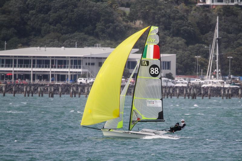 Italian 49er crew reaching on the Waitemata against the partial backdrop of the newly completed Hyundai Sailing Centre and Royal Akarana YC photo copyright Richard Gladwell / Sail-World.com taken at Royal Akarana Yacht Club and featuring the 49er class