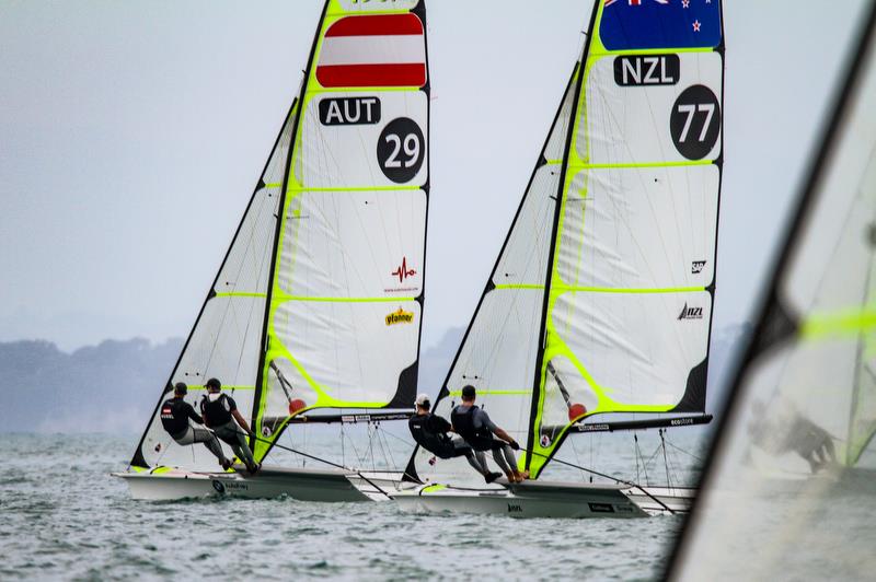 Kiwis chase the series champions (Austria) 49er - Hyundai World Championships, Oceania Championship, Day 3, November 27, 2019, Royal Akarana Yacht Club photo copyright Richard Gladwell / Sail-World.com taken at Royal Akarana Yacht Club and featuring the 49er class