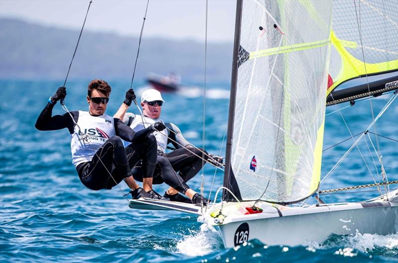 Nevin Snow (right) and Dane Wilson (left) - 49er, 49erFX and Nacra 17 Worlds day 3 photo copyright Jesus Renedo / Sailing Energy taken at  and featuring the 49er class