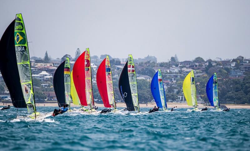 49er fleet at 2019 Hyundai 49er, 49erFX and Nacra 17 Worlds day 4 photo copyright Jesus Renedo / Sailing Energy taken at  and featuring the 49er class