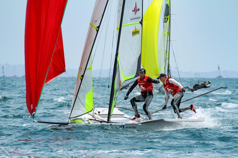 Benjamin Bildstein & David Hussl (AUT) - 49er - Hyundai Worlds - Day 4, December 6, , Auckland NZ photo copyright Richard Gladwell / Sail-World.com taken at Royal Akarana Yacht Club and featuring the 49er class