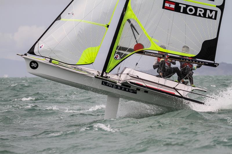 Joans Warrer & Jakob Jensen (DEN) go airborne - 49er - 49er Worlds, - Day 6 - Auckland , December 3-8, photo copyright Richard Gladwell / Sail-World.com taken at Royal Akarana Yacht Club and featuring the 49er class