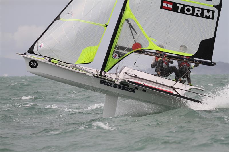 Warrer & Jensen jump through a wave in the Medal race for the 49er class - Hyundai World Championships, December 8, 2019 photo copyright Richard Gladwell / Sail-World.com taken at Royal Akarana Yacht Club and featuring the 49er class