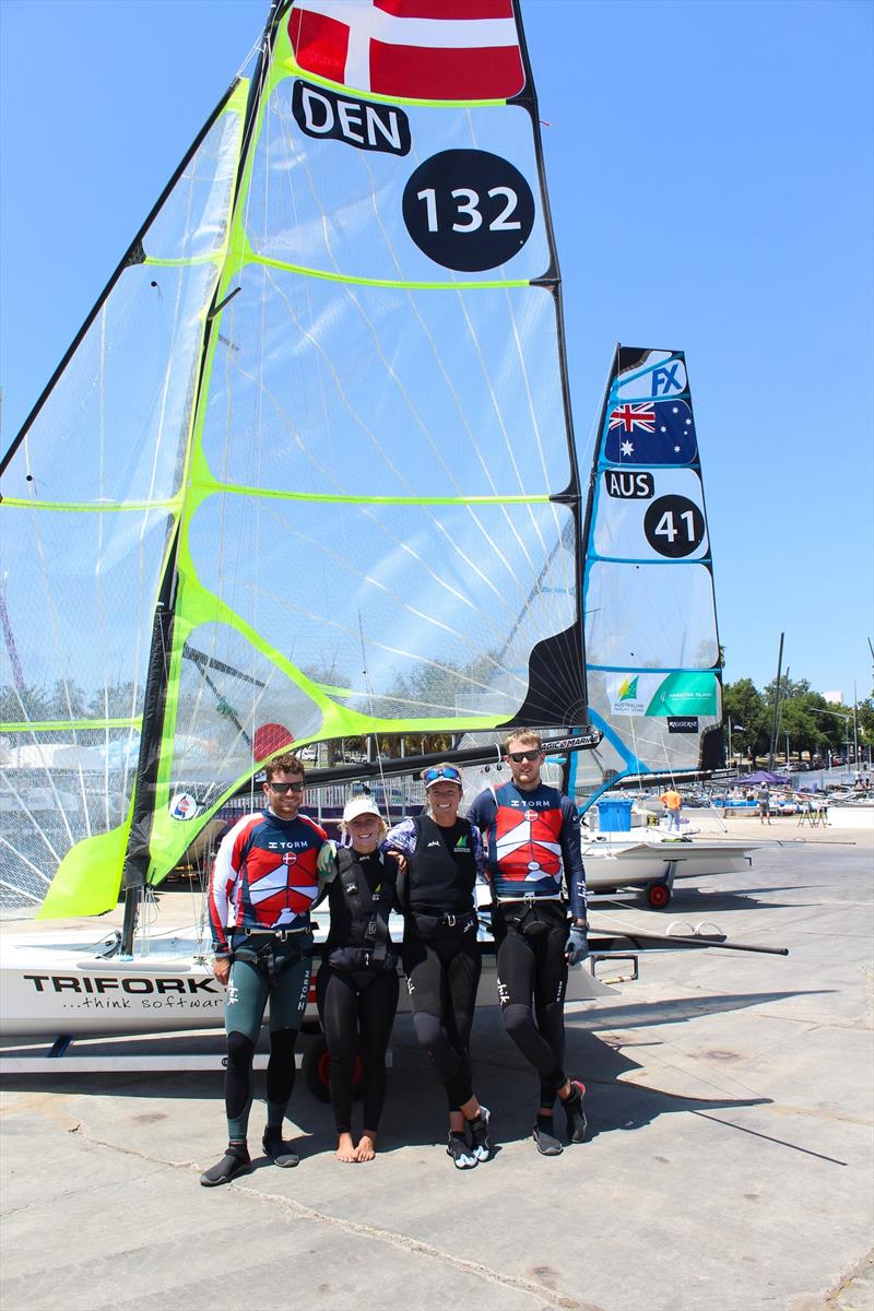 L-R: Mads Emil Lubeck – 49er sailor (Denmark), Tess Lloyd – 49er FX sailor (Melbourne/Sorrento, Australia), Jaime Ryan – 49er FX sailor (Sydney, Australia), Nikolaj Hoffmann Buhl – 49er sailor (Denmark) photo copyright Sarah Pettiford taken at Royal Geelong Yacht Club and featuring the 49er class