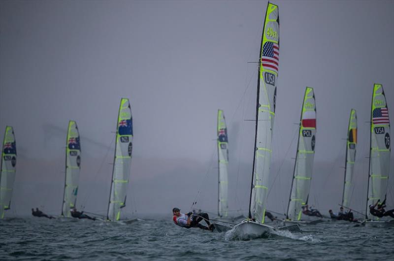 Andrew Mollerus and Ian MacDiarmid Leading the Men's 49er fleet at the 2020 World Championships photo copyright Sailing Energy taken at Royal Geelong Yacht Club and featuring the 49er class