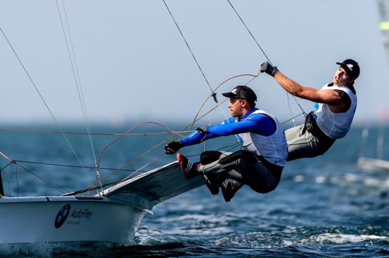 Benjamin Bildstein & David Hussl (AUT) lead the 49er pointscore - 2020 49er, 49er FX & Nacra 17 World Championship, day 4 - photo © Pedro Martinez / Sailing Energy