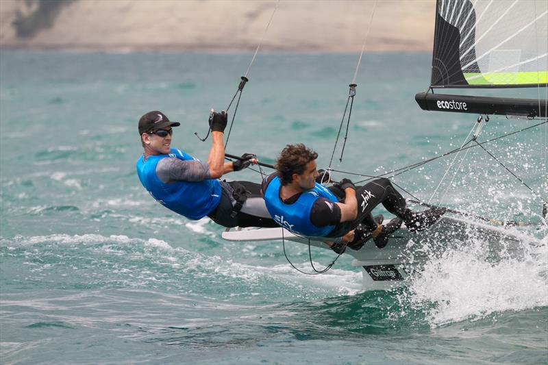 Peter Burling and Blair Tuke checking in the start signal - 2019 Hyundai Worlds -December 2019 - Royal Akarana Yacht Club photo copyright Richard Gladwell / Sail-World.com taken at  and featuring the 49er class