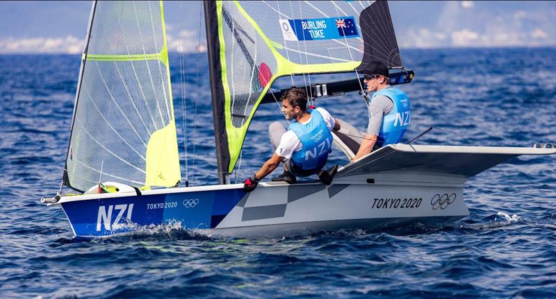 Peter Burling and Blair Tuke sailing on the final day of qualifiers for the 49er skiff at Tokyo2020 photo copyright Sailing Energy / World Sailing taken at  and featuring the 49er class