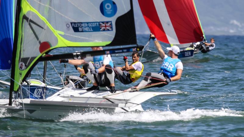 Peter Burling and Blair Tuke are crossed by the Brits at the leewardmark - 49er - Tokyo2020 - Day 9- August 2, - Enoshima, Japan. - photo © Richard Gladwell - Sail-World.com / Photosport