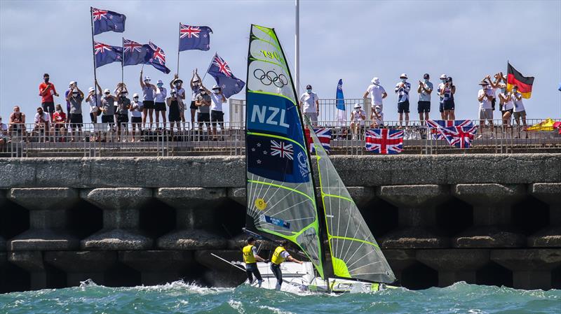 Peter Burling and Blair Tuke acknowledge their supporters aftre the Medal Race - 49er class - Tokyo2020 - Day 10- August 3, - Enoshima, Japan photo copyright Richard Gladwell - Sail-World.com/nz taken at  and featuring the 49er class