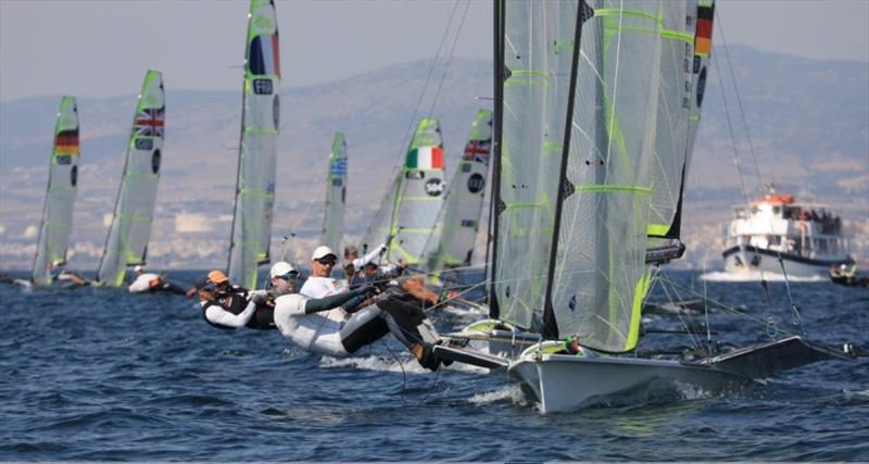 Lukasz and Pawel (POL) in the lead. photo copyright Nikos Pantis taken at  and featuring the 49er class