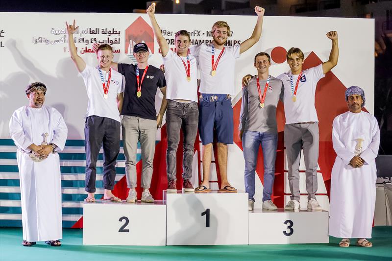 49er podium in the 49er, 49erFX and Nacra 17 World Championships photo copyright Sailing Energy / Pedro Martinez taken at Oman Sail and featuring the 49er class