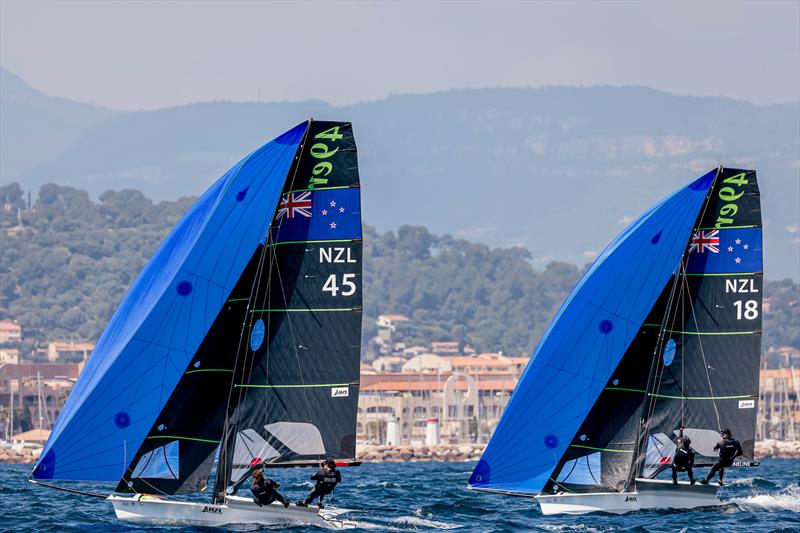 Logan Dunning Beck & Oscar Gunn (NZL45) / Isaac McHardie  & William McKenzie (NZL 18)- NZL Sailing Team - Semaine Olympique Française de Hyères - April 2022 photo copyright Sailing Energy/FFVoile taken at  and featuring the 49er class