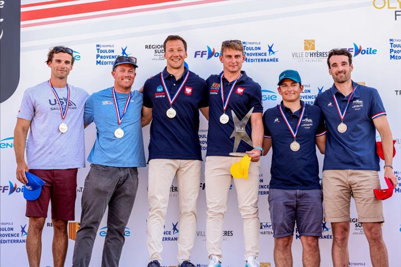 Mac Agnese and Nevin Snow with their silver medals on the 49er podium at French Olympic Week 2022 - photo © Sailing Energy