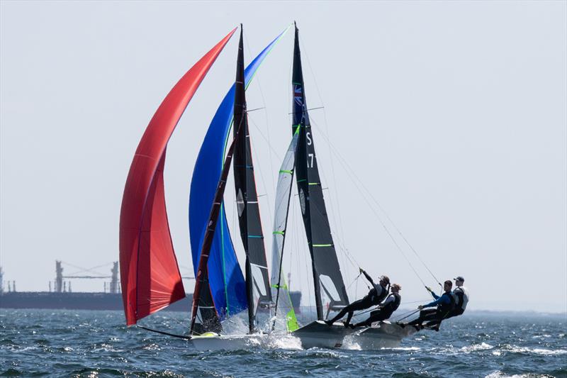 Some very close racing in the 49er fleet photo copyright A.J. McKinnon taken at Royal Brighton Yacht Club and featuring the 49er class