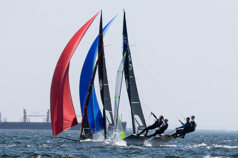 Some very close racing in the 49er fleet - photo © A.J. McKinnon