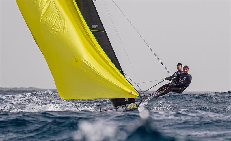 Peters and Sterritt (GBR) backing off, but leading the fleet - Lanzarote International Regatta 2023 photo copyright Sailing Energy/ Lanzarote Sailing Center taken at Lanzarote Sailing Center and featuring the 49er class