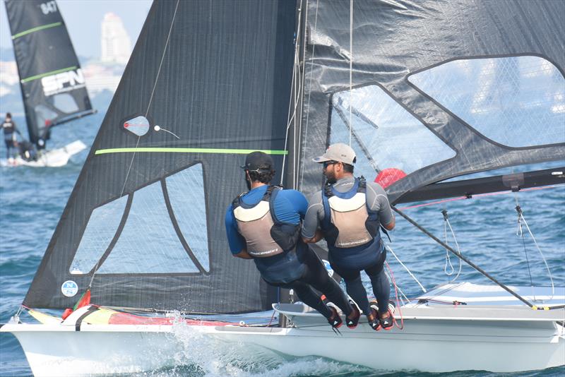 Asian Sailing Championships - Indian 49ers work the waves photo copyright Saranya PIX taken at Royal Varuna Yacht Club and featuring the 49er class