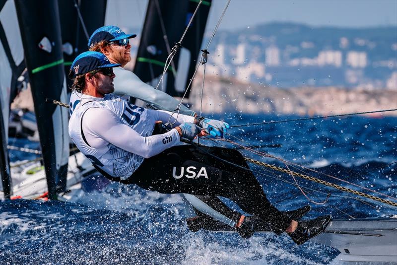 Ian Barrows (St. Thomas, USVI) and Hans Henken (San Fransisco, CA) take advantage of the day's best breeze during the Men's Skiff races - photo © Sailing Energy / US Sailing Team