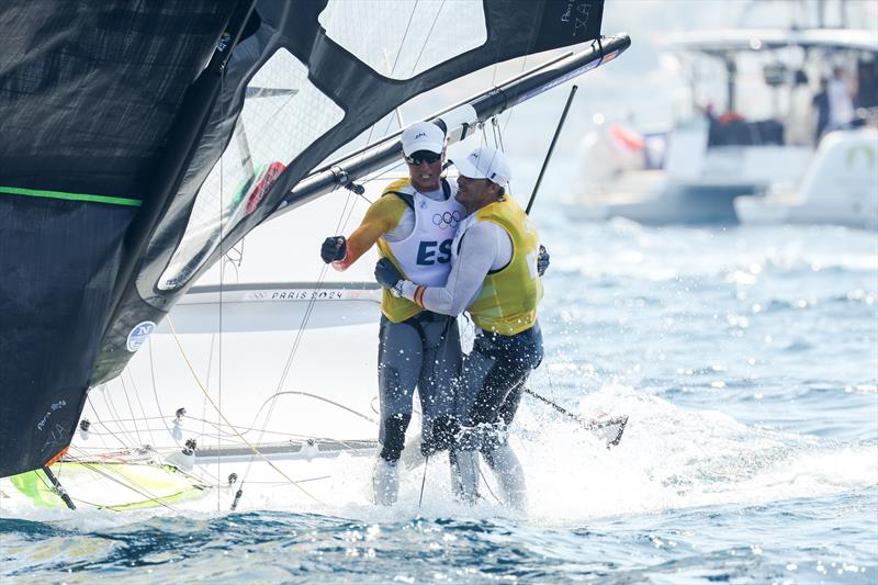 Diego Botin le Chever & Florian Trittel Paul (ESP) celebrate winning gold in the Men's Skiff - Paris Olympic Sailing in Marseille, France August 2, 2024 photo copyright World Sailing / Lloyd Images taken at  and featuring the 49er class