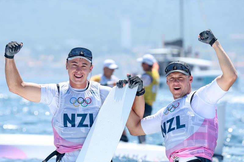 Isaac McHardie William McKenzie (NZL) celebrate winning silver in the Men's Skiff - Paris Olympic Sailing in Marseille, France August 2, 2024 - photo © World Sailing / Lloyd Images